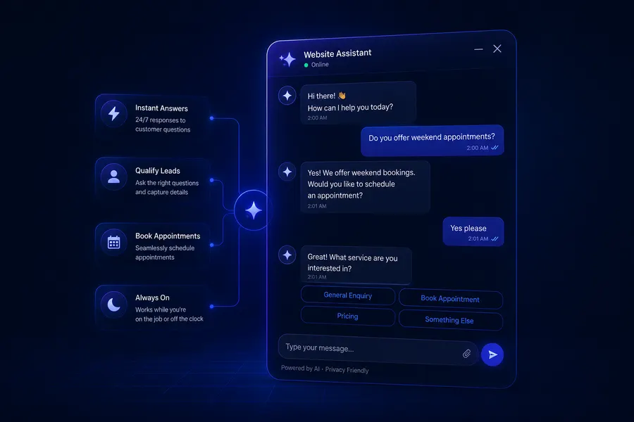 An AI chat assistant answering a customer question on a business website