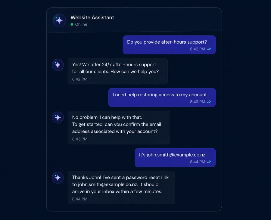 A website chat conversation where an AI assistant answers a pricing question and books an appointment